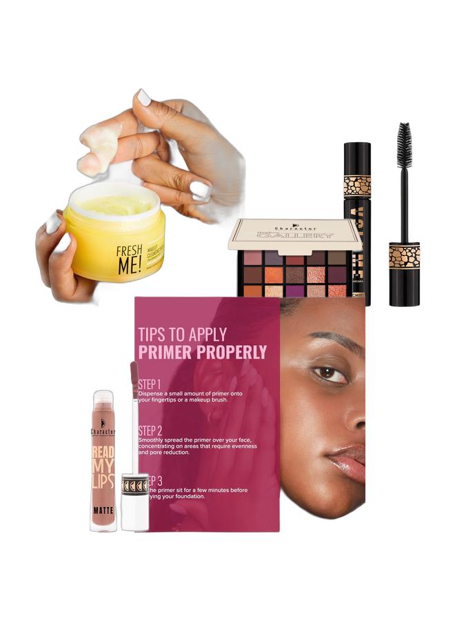 Character Shadow Gallery 20 Color Eyeshadow Palette 1 & Long Lush Mascara  KCM002 Black & Character Makeup Cleansing Balm (Vanilla Fragrance) & Character Read My Lips Matte & Character Mattifying Primer Bundle - Image 1